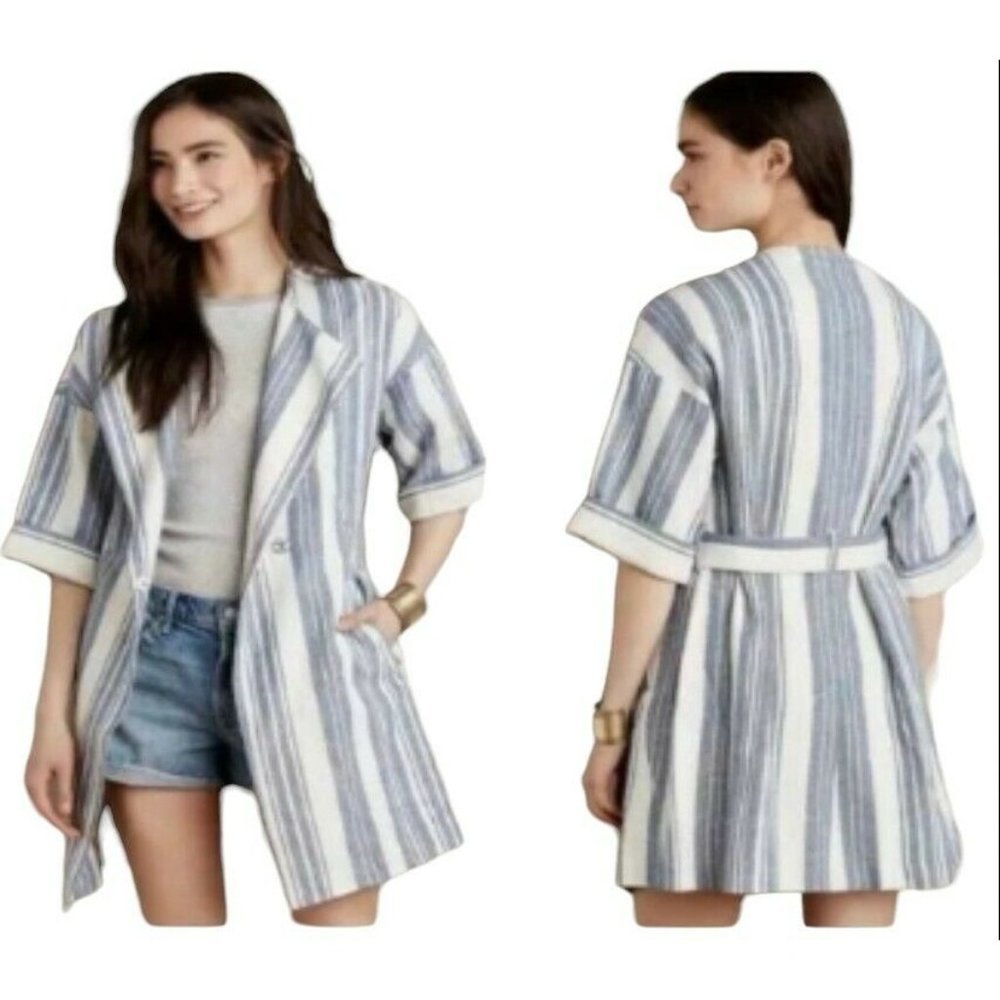Anthropologie Elevenses North Channel Linen Jacket Lagenlook Blue Stripe‎ Small